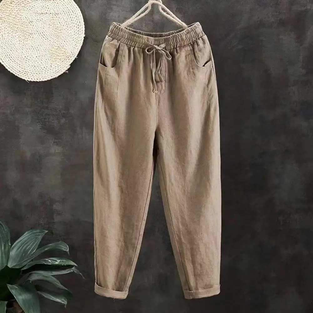 

Women Cotton Linen Pants Elastic Waist Adjustable Drawstring Casual Trousers with Pockets Loose Fit Harem Pants Streetwear