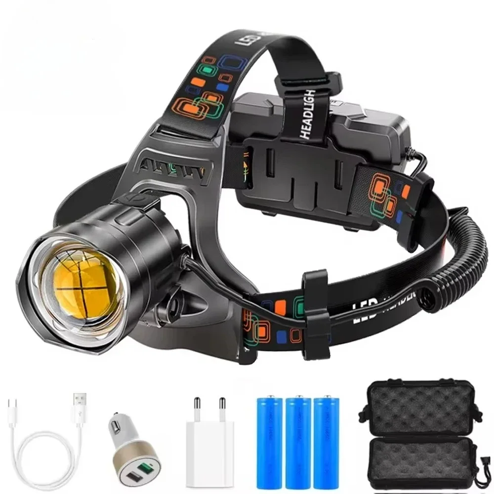 Leistungsstarke XHP100 LED-Stirnlampe, zoombar, über USB wiederaufladbar, Hochleistungs-Stirnlampe, wasserdicht, Leistung 18650, superhelle Stirnlampe