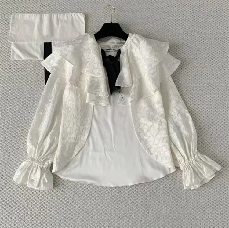 

Customization European women's fashion 2026 spring new styles Long-sleeved flared sleeves Ruffled silk shirt blouse