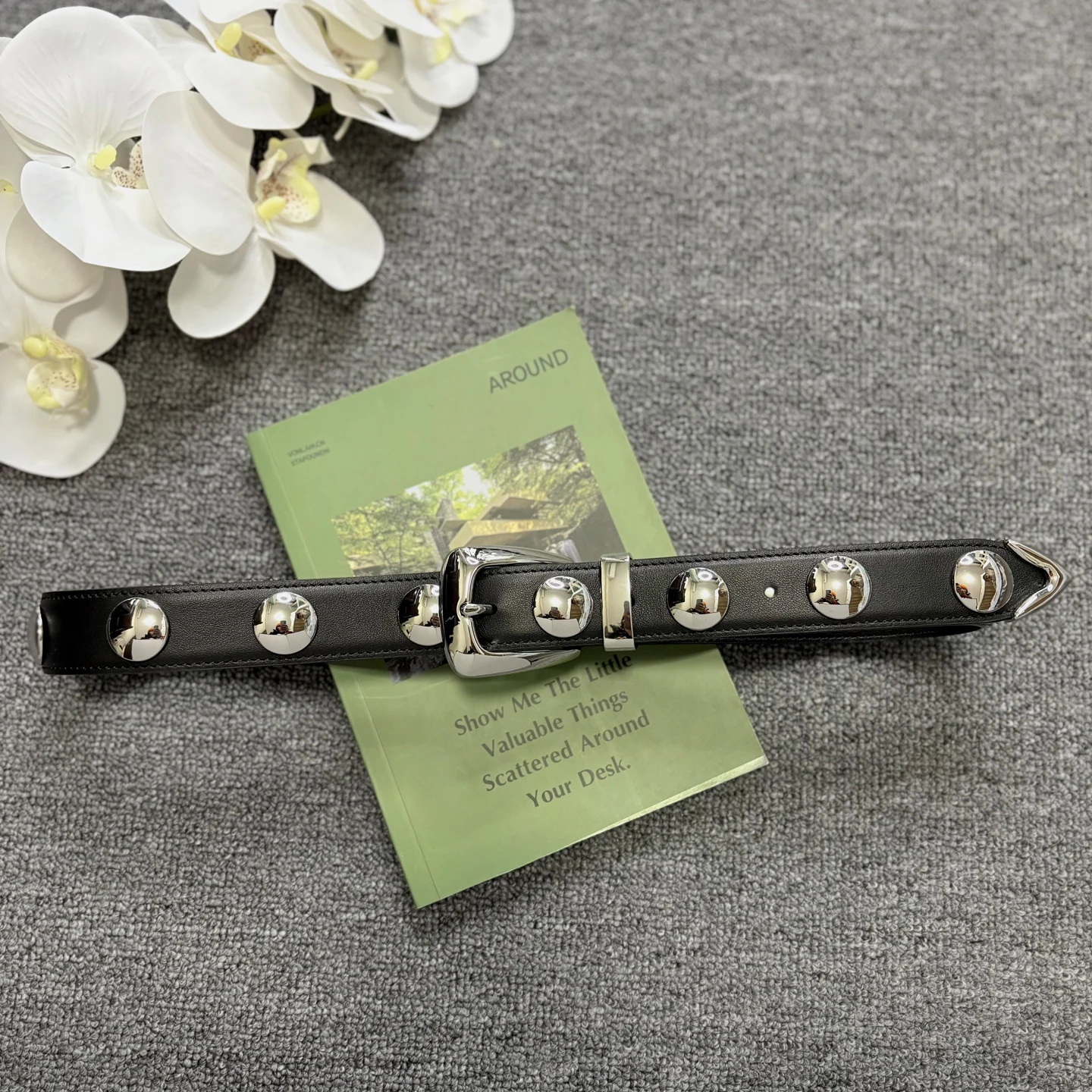 Punk Style Leather Rivet Belt for Women - Genuine Leather with Copper Buckle and Reverse Fur Texture