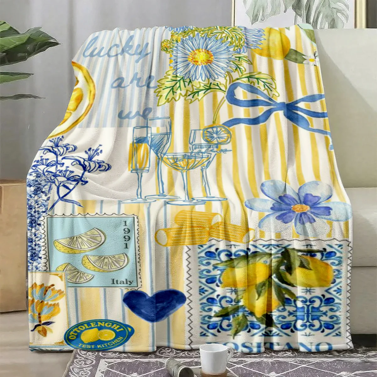 Tuscan Retro Lemon Floral Strip Throw Blanket, Summer Blue Yellow Wine Element Warm Blanket for Couch Trip Household Coastal
