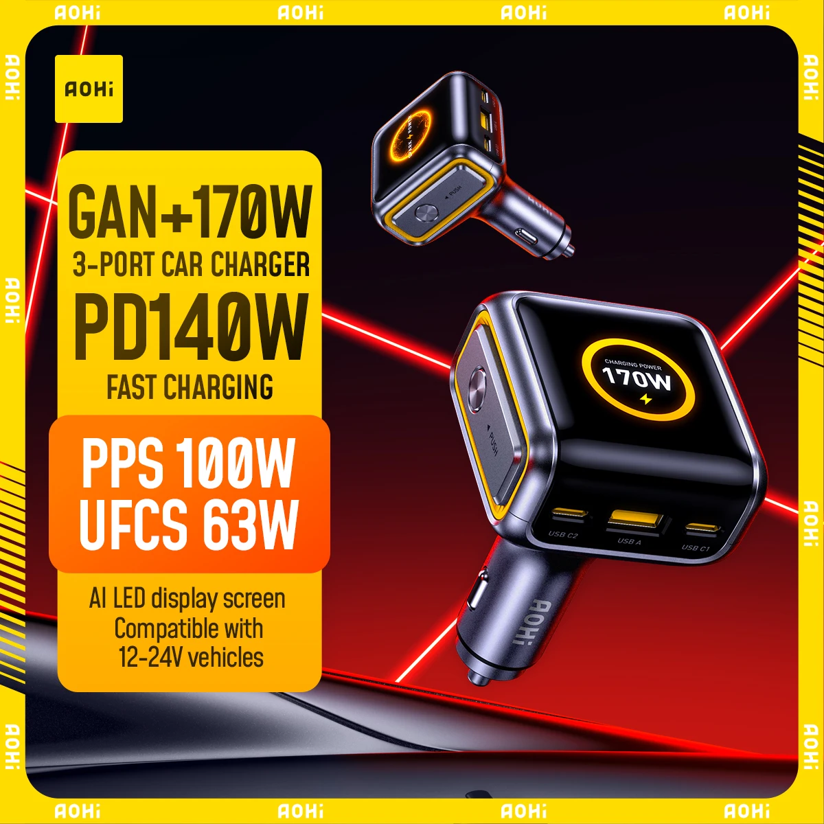 [NEW] AOHI THE FUTURE Car Charger  AI PD GAN+ 170W 3-Port LED Display Fast Car Charger
