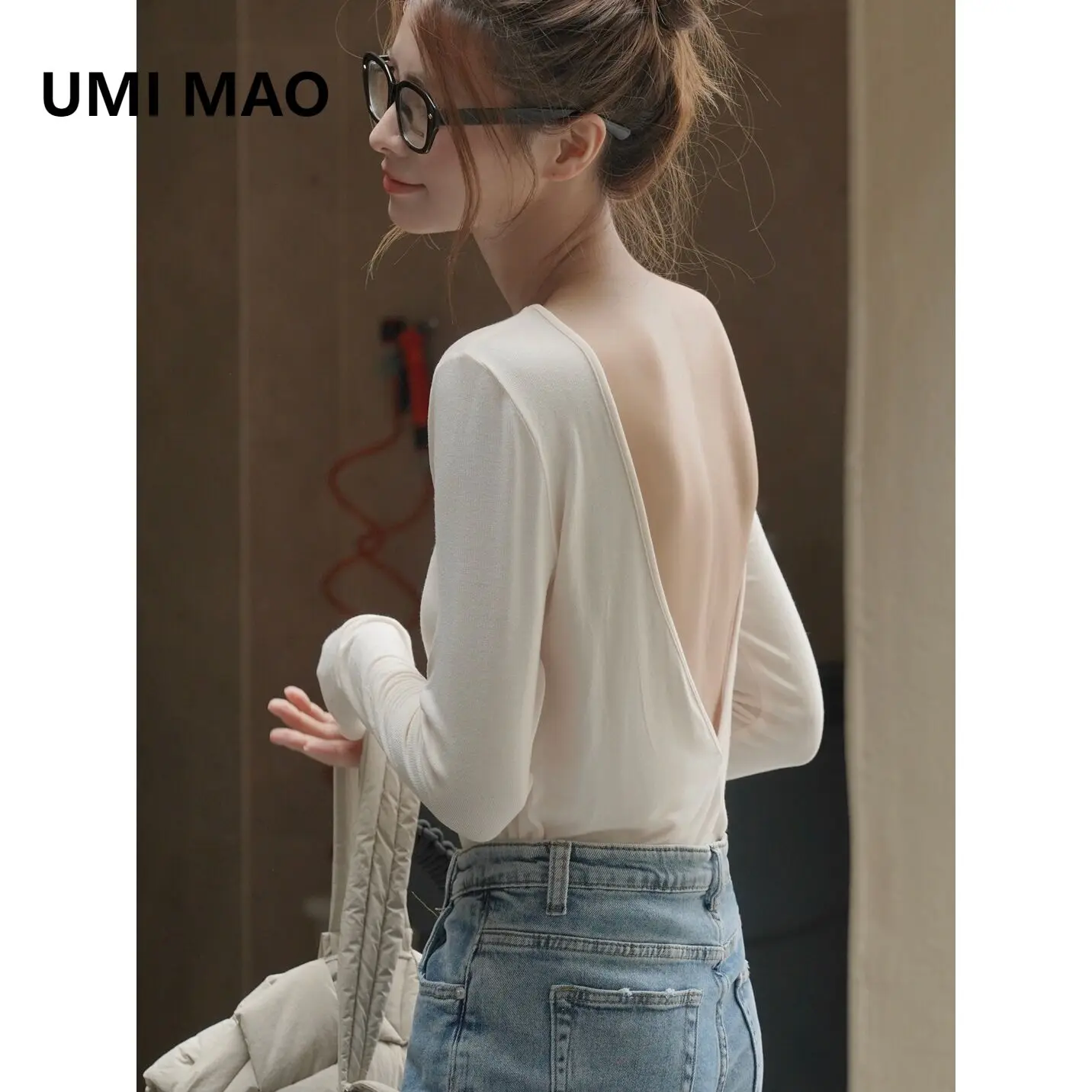 

UMI MAO Backless Elastic Knitted Shirt Autumn New Korean Edition Fashionable Sexy Slim Fit Slimming Casual Bottom Top
