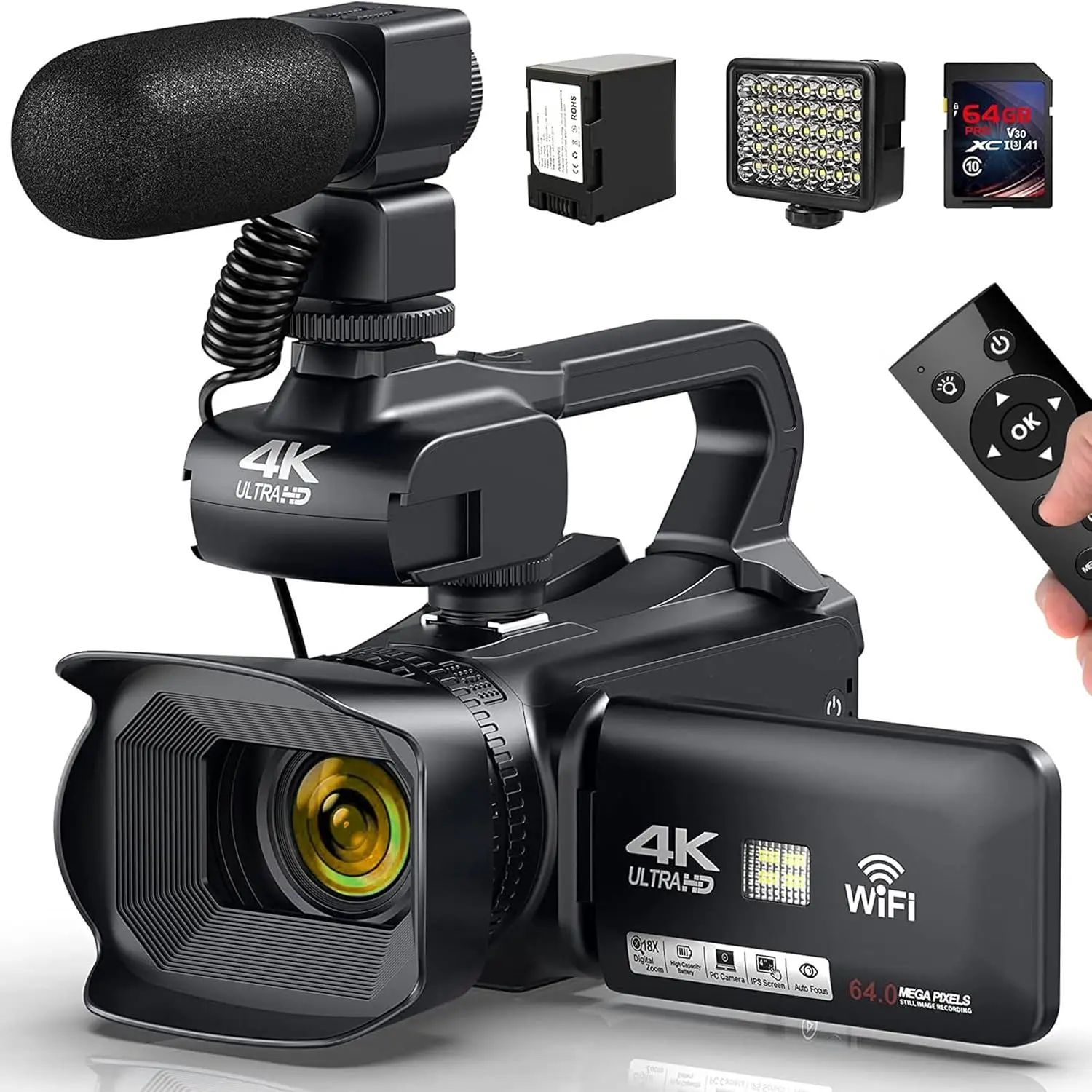 

4K Ultra HD Professional Video Cameras for Photography 18X Digital Zoom YouTube Live Streaming Camcorders 64MP Vlogging Recorder