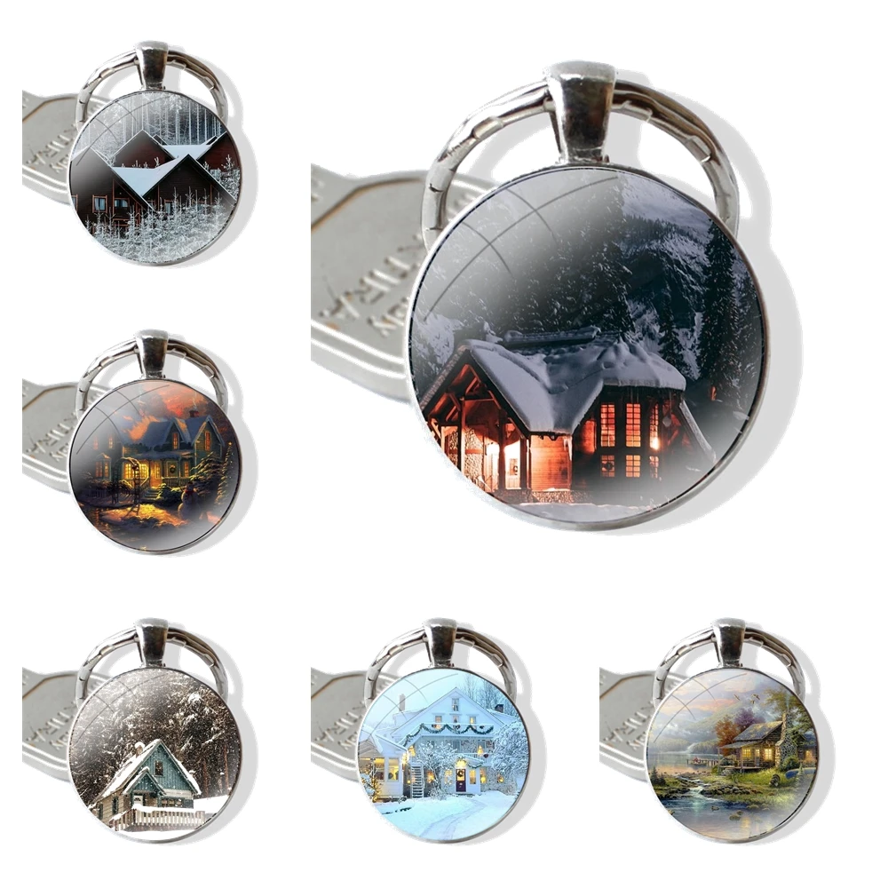 Keychain Handmade Glass Cabochon Key Ring Holder Pendant Key Chains Christmas Winter Country House Art Patterns