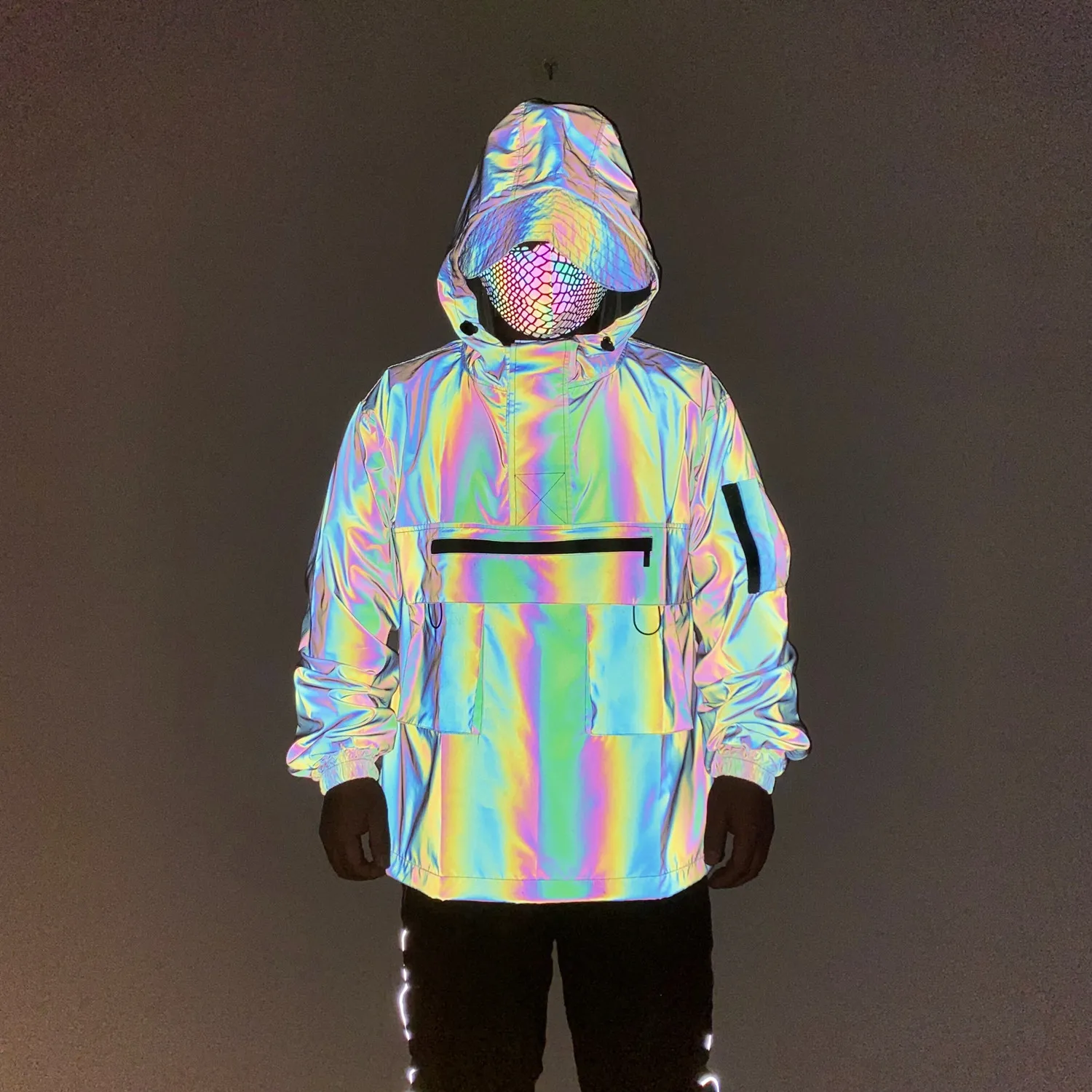 

Functional style colorful reflective workwear jacket for men, hooded pullover jacket, half-zip windbreaker