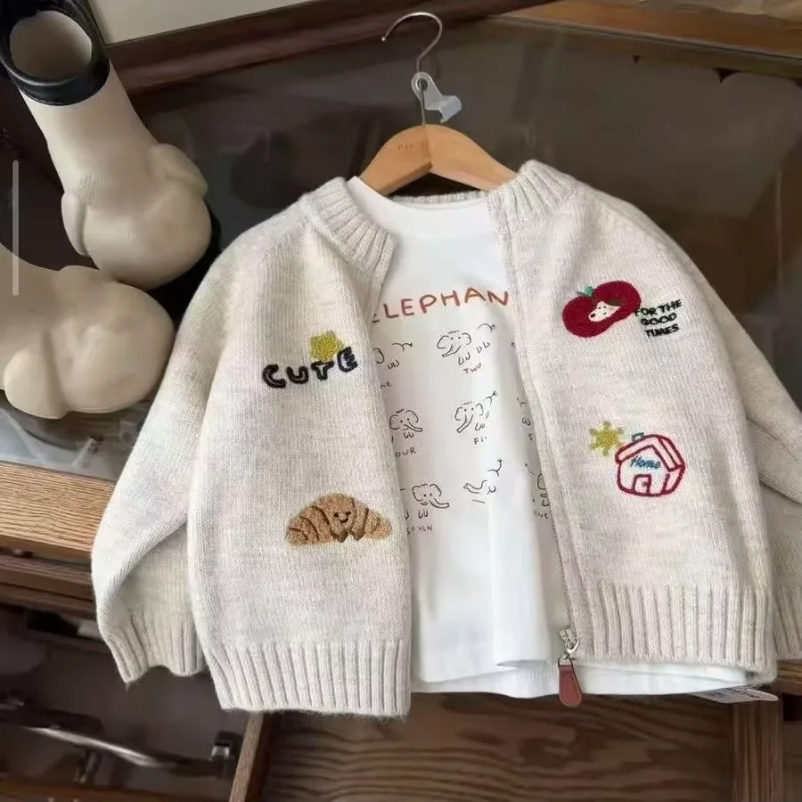 Children Knit Cardigan Coat Spring Autumn 2026 New Boys Girls Cartoon Embroidered Sweater 80-140cm