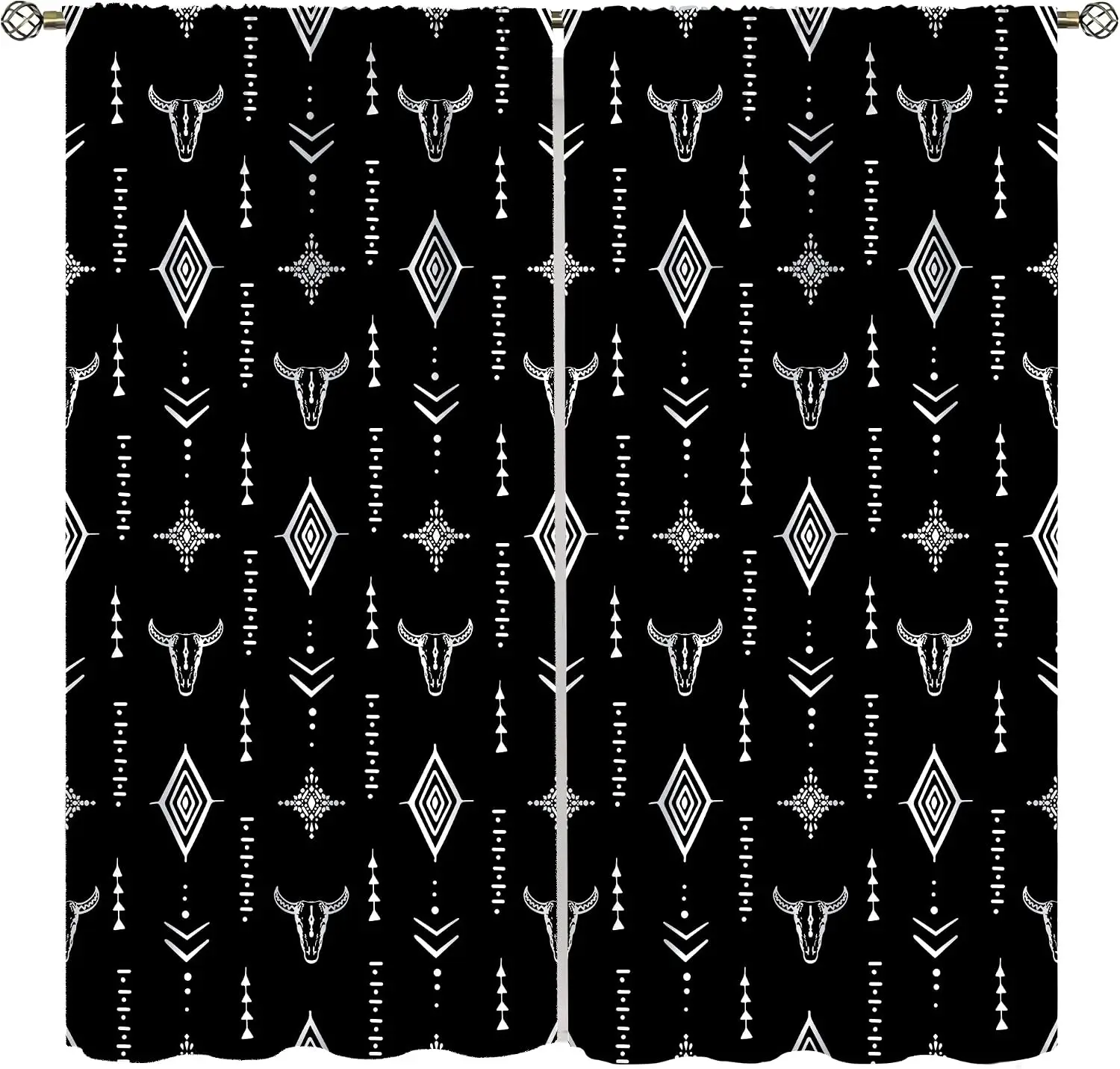 Black White Western Bull Skull Geometric Blackout Rod Pocket Curtain Aztec Tribal Decor Farm Homestay Bedroom Rest Bay Window