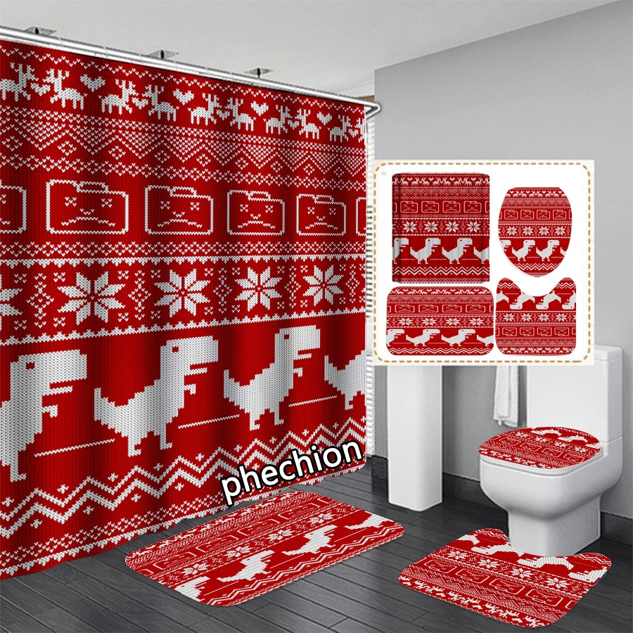 phechion New 3D Print Christmas Pattern Shower Curtain Waterproof Bathroom Curtain Anti-slip Bath Mat Set Toilet Rugs VR237