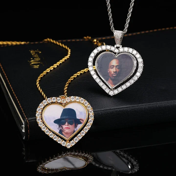 

ZGYXCZONE Hip Hop Rotating Double sided Love Photo Micro Inlaid Zircon Commemorative Picture Frame Necklace Personalized Pendant