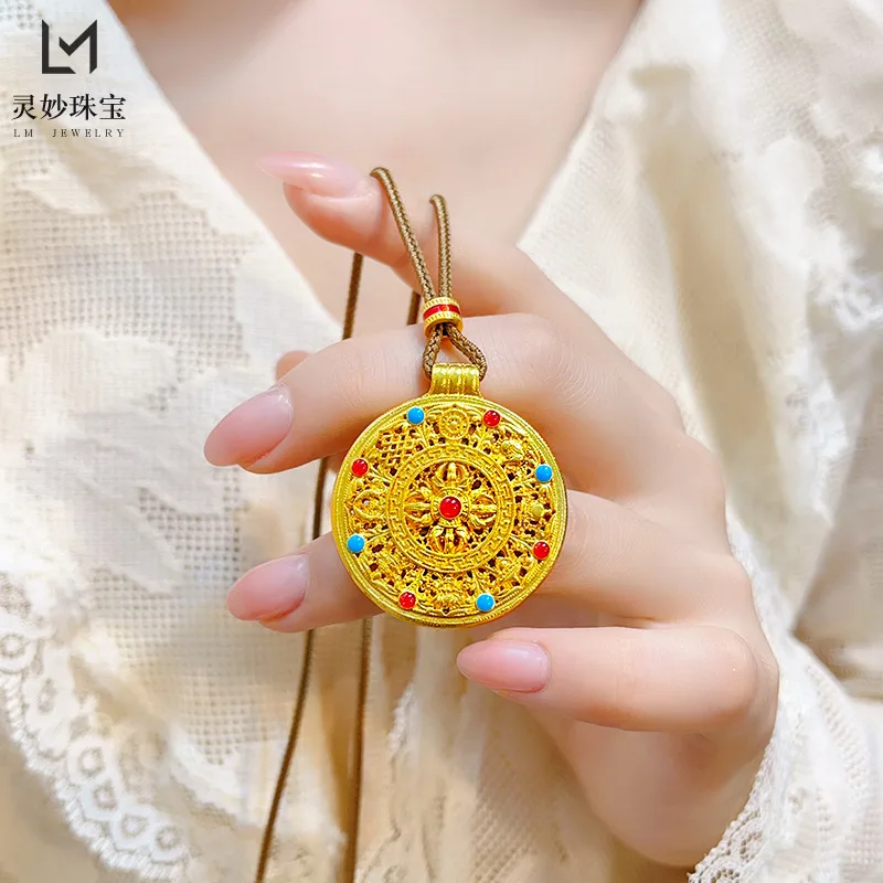 

9999 24K real gold luxury jewelry hollow enamel color vajra eight treasure compass pendant lucky auspicious necklace for women