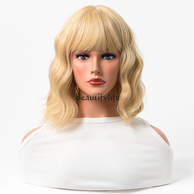 

Short curly hair, bangs, water ripple wig, female chemical fiber matte silk