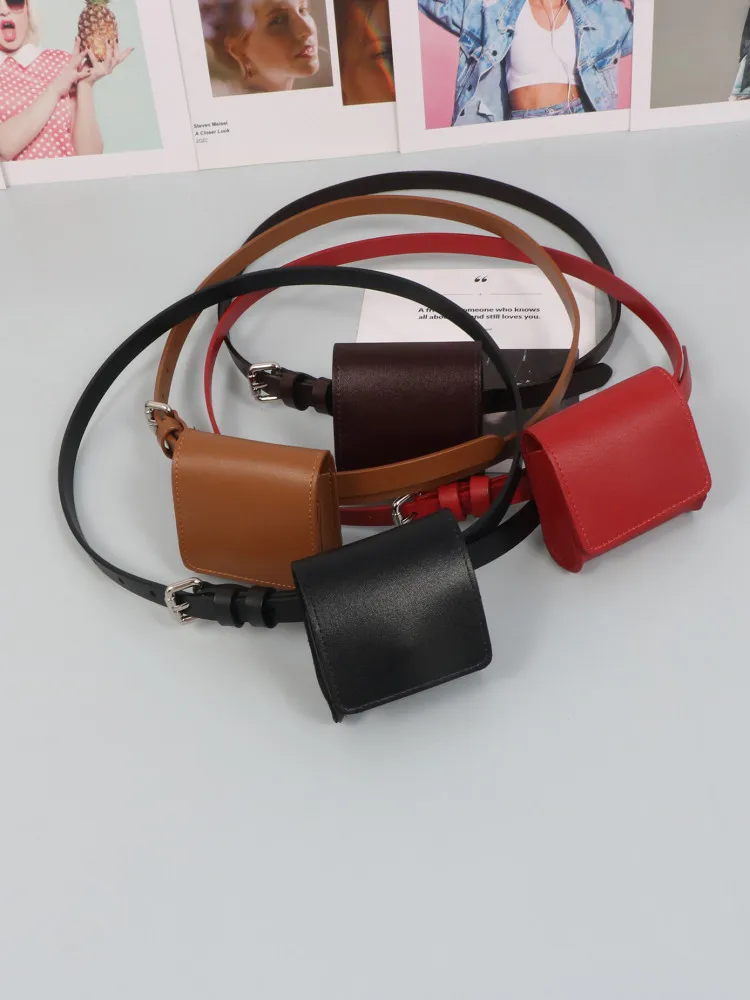 Fashion Leather Cowhide New Square Small Steamed Bread Fanny Pack with Belt Can Put Earphones Changing Women
