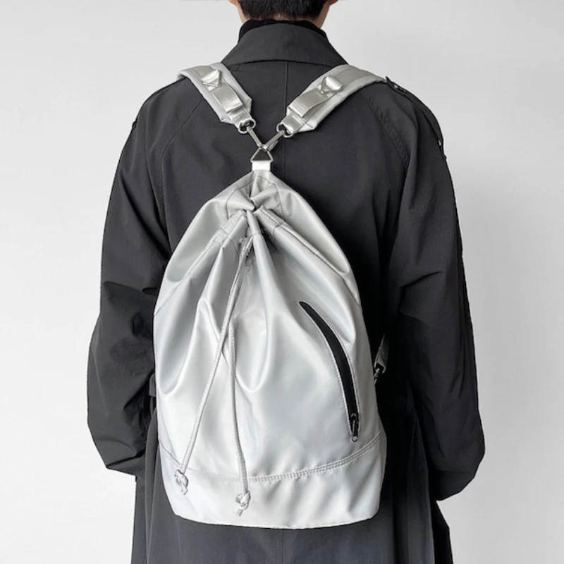 

Серебряный модный рюкзак унисекс, женский дизайн, простые рюкзаки на шнурке, большая вместимость, школьная сумка для студентов колледжа Y2k, новинка 2023 г.