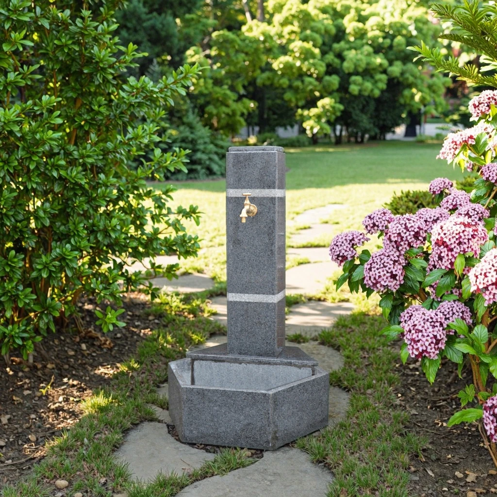 Natural Granite Garden Water Column with Faucet, Modern Outdoor Stone Column Faucet for Patio and Patio Decoration