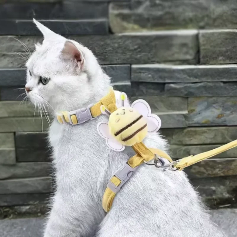 Cat Harness Leash Collar Set Adjustable Cartoon Bee Double Layer Dog Harness for Small Medium Pet Collar Leash Outdoor Walking