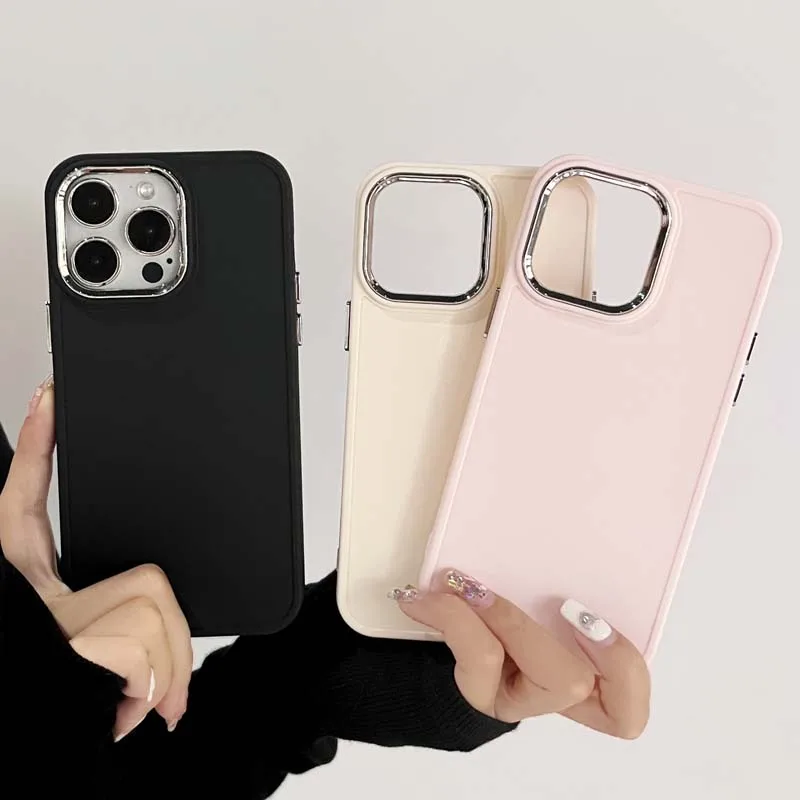 Electroplate Lens Bumber Phone Case For iPhone 14 Pro Max 13 12 11 15 16 Pro Max X XR XS Max 7 8 Solid Color Silicone Back Cover