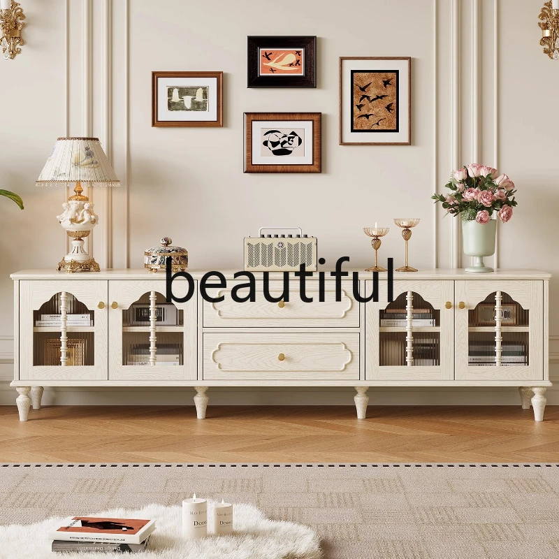 TV Cabinet American White Solid Wood Living Room French Cream Wind Storage Floor Cabinet TV Cabinet