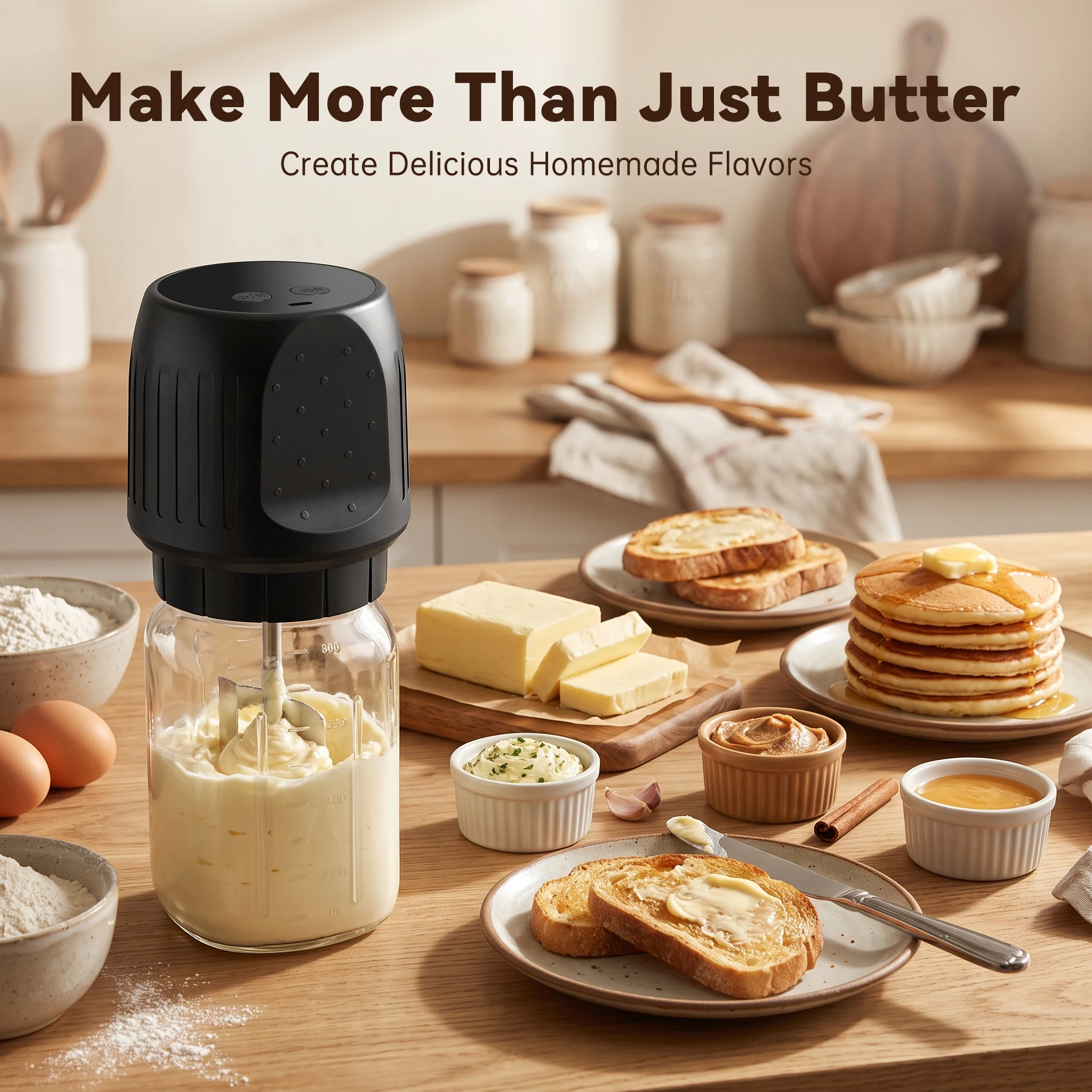 Electric Butter Churner 1L Glass Jar Cordless Rechargeable Butter Maker 20W Brushless Motor Digital Display For Home Kitchen