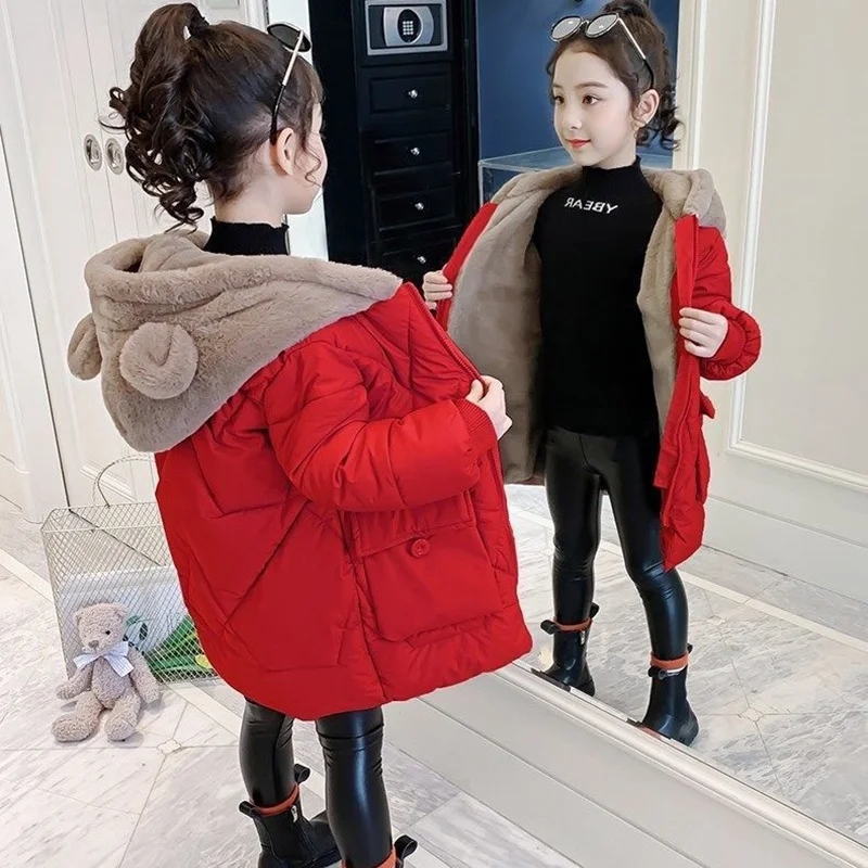 Winter Thicken Girls Jacket New Fashion Keep Warm Long Parkas Cute Bear Hooded Outerwear Birthday Gifts 4-12 Years Kids Clothes