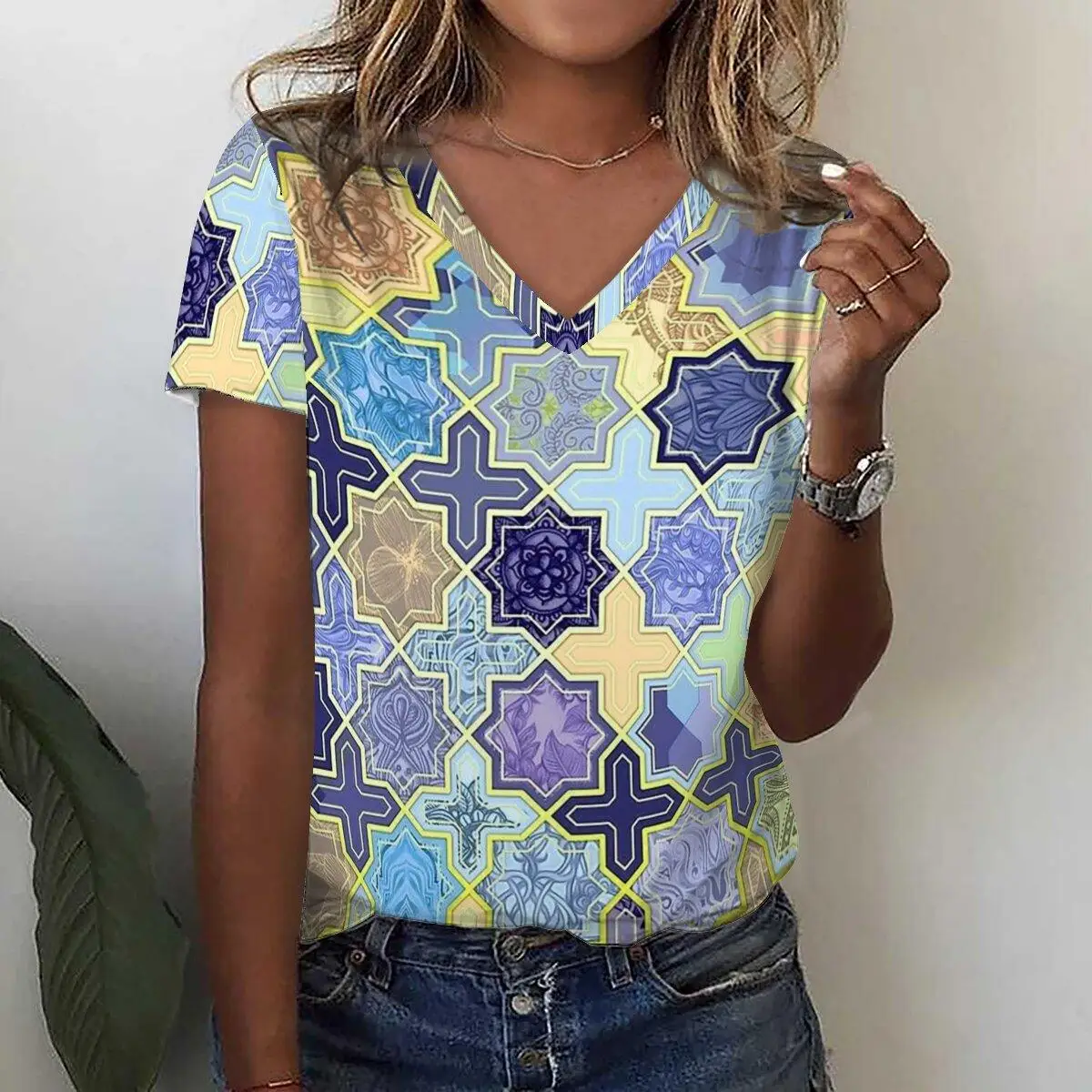 

Fashion 3D Color Grid Printed Women's T-Shirt Casual V-neck Loose Short Sleeve Summer Cute Girl Tees Street Female Clothing Tops