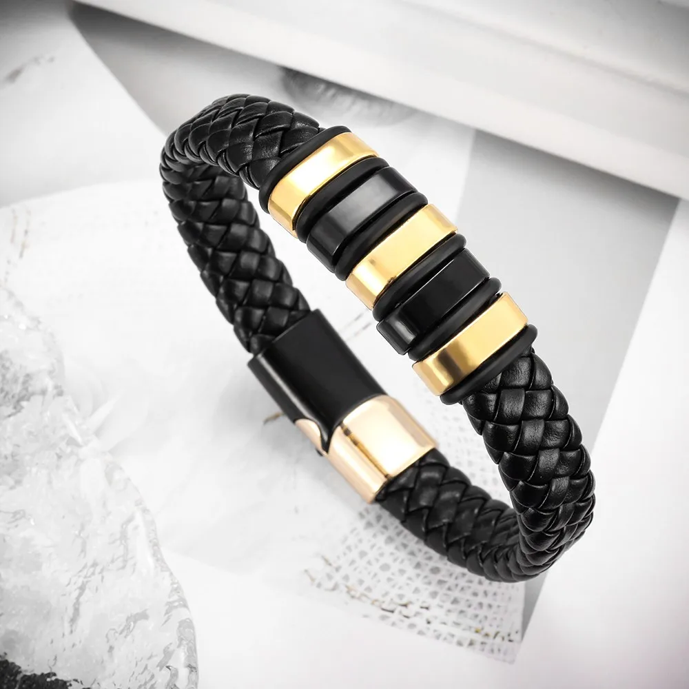 

Fashion Braided Wrap Rope Black Leather Bracelets For Men Simple Stainless Steel Charm Vintage Magnet Clasp Bangles Jewelry Gift