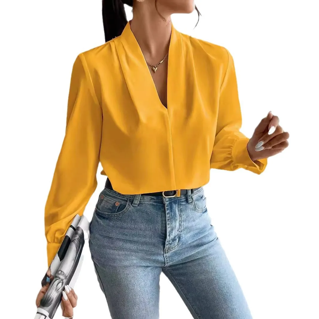 Women's Shirt Solid Color V-neck Fashion 2024 New Autumn Long Sleeve Office Lady Personality Blouse Casual Women Streetwear Top