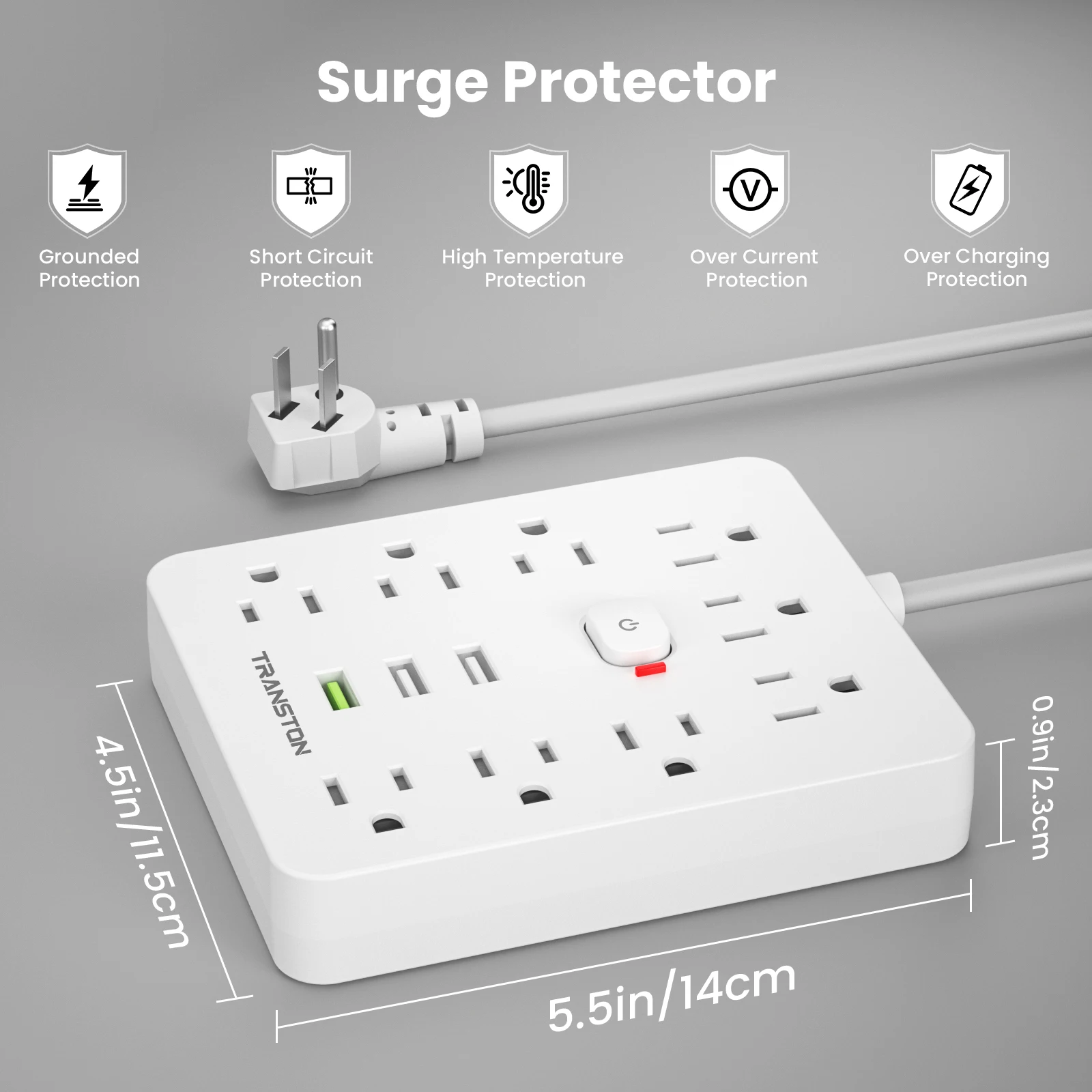 مخرج طاقة TRANSTON مع واقي من زيادة التيار، 9 شرائط طاقة 3 منافذ USB، سلك تمديد بطول 10 أقدام، شحن سريع، للمنزل والمكتب