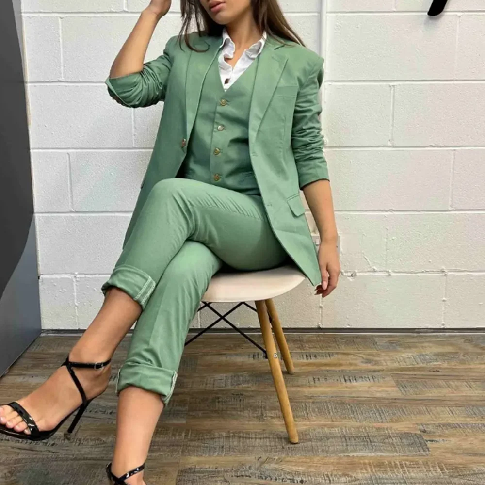 

Elegant Green Blue Women Suit 3 Piece Jacket Vest Pants Single Breasted Female Clothing Formal Pretty Office Lady Blazer Set