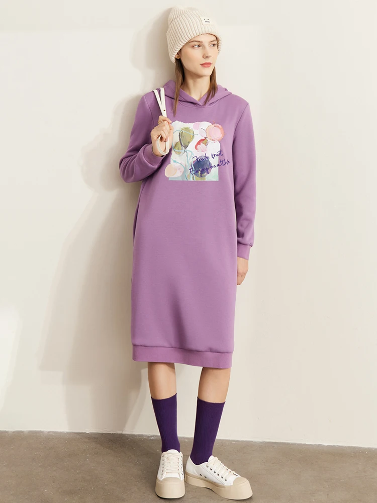 AMII Minimalism Dress for Women 2022 Winter New Warm Vintage Fashion Printed Hooded Loose Soft A-line Sweatshirt Dress 72241335