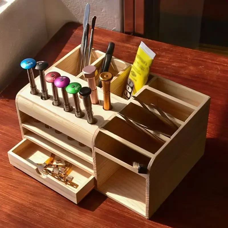 Wooden Tools Storage Box Holder Hobbie Tool Organizer with Small Drawer and Magnetic Layer,cassettiera for Repair Tool minuteria