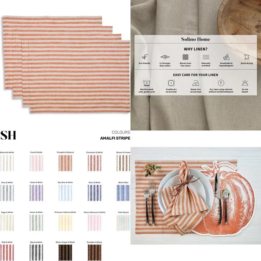 

Набор салфеток Amalfi в полоску из тыквы и натурального льна, 4–14x19 дюймов, обеденные коврики из чистого льна