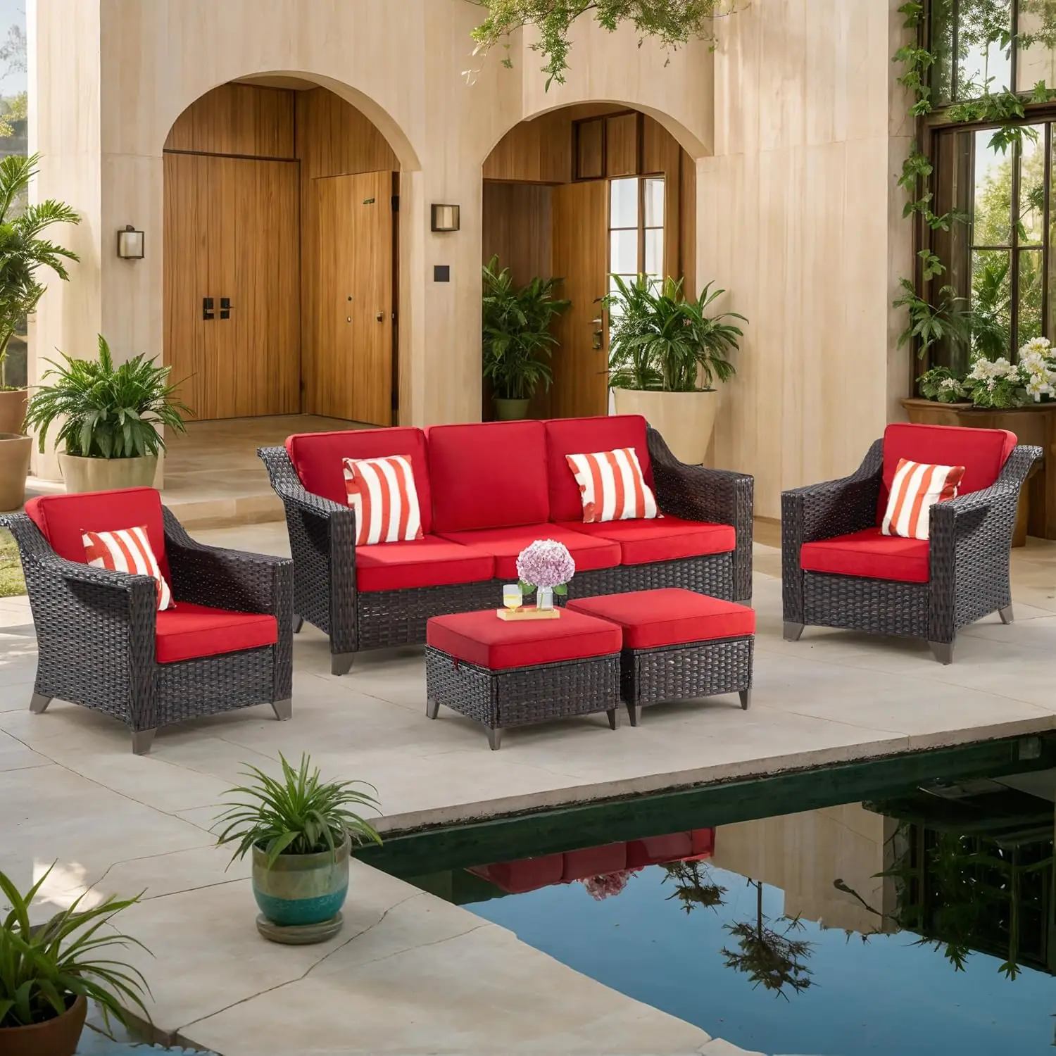 

Patio Furniture Set All Weather Outdoor with High Back Wicker Rattan Sofa Couch, Two Armchairs and Two Ottomans