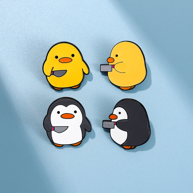 Cute Duck Enamel Pin Duck Holding Knife Dagger Funny Jewelry Lapel Backpack Hat Brooch Badge Gifts for Friends