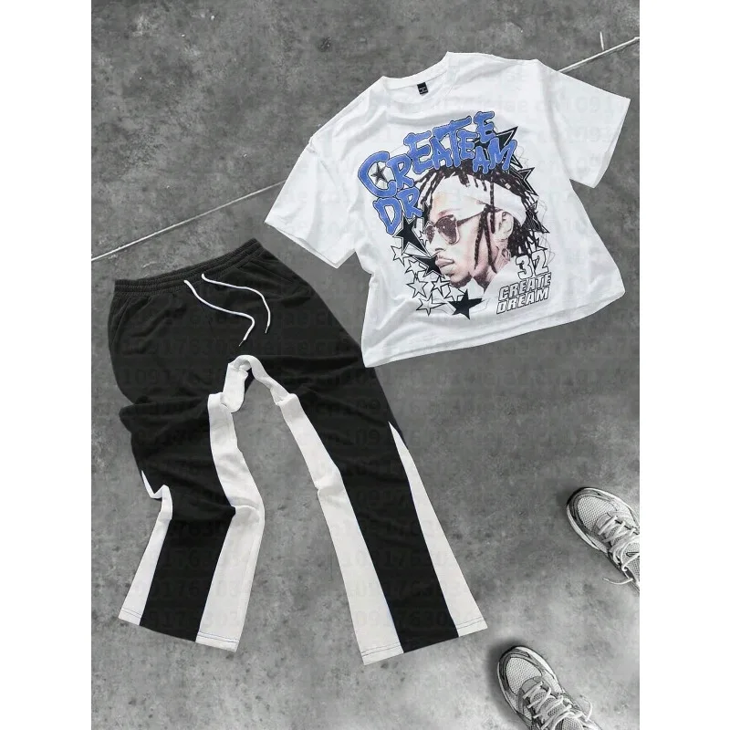 Men's Kid Fashion Casual Drawstring Pants and Round Neck Short-sleeved T-shirt Suit Connector Hip-hop Trend Men's Two-piece Set