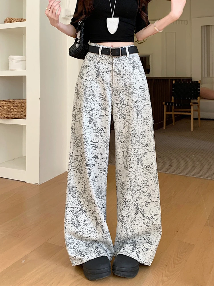 

Американские джинсы-клеш с цветочным принтом для женщин, новая весенняя модель, с высокой талией, свободные, в пол, повседневные