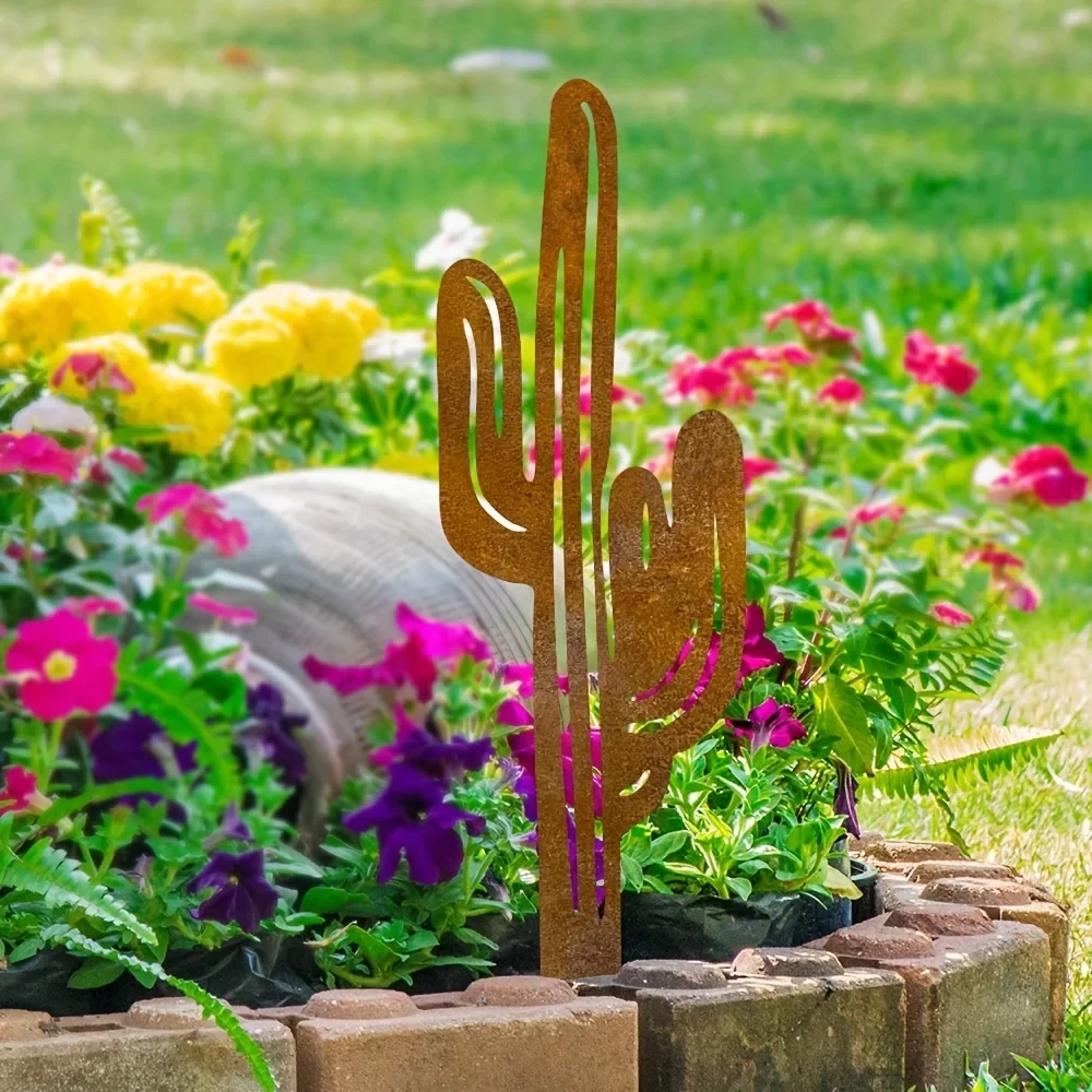 Rustic Metal Cactus Garden Stake, Modern Outdoor Decor, Suitable for Yard, Cactus Decoration, 1 Piece