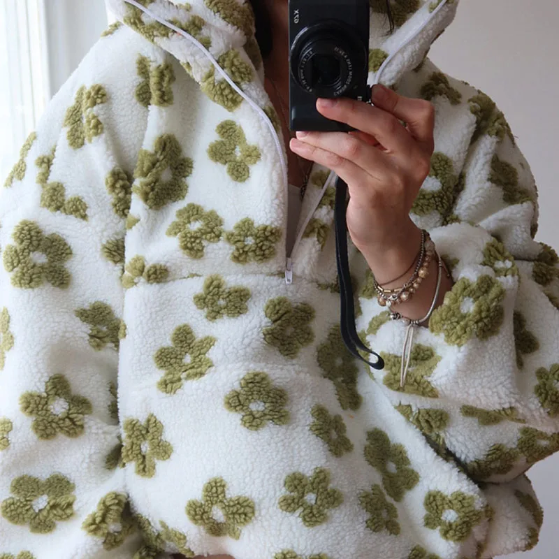 Top caldi da donna con cerniera autunnale per il tempo libero colletto alla coreana pullover stampati floreali nuove felpe da pendolare larghe a maniche lunghe invernali