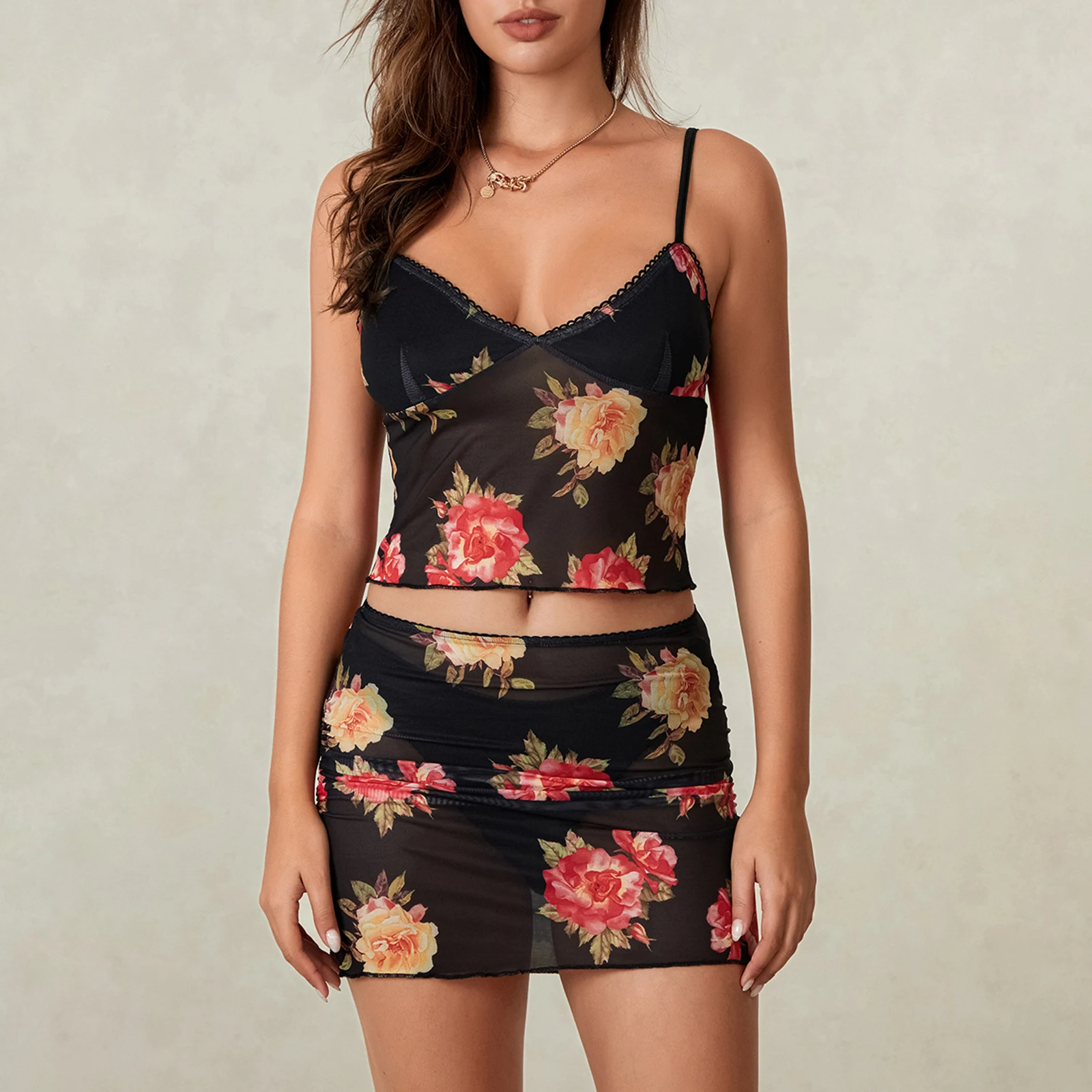 

Women's Summer Set Sleeveless V Neck Low Cut Cami Tops + Elastic Waist Flower Print Mini Skirt 2 Piece Outfits