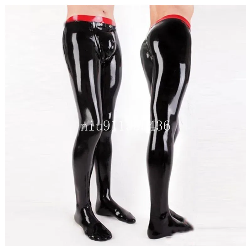 

Sexy Black Latex Men Pants Codpieces with Socks Front Zipper Rubber Trousers