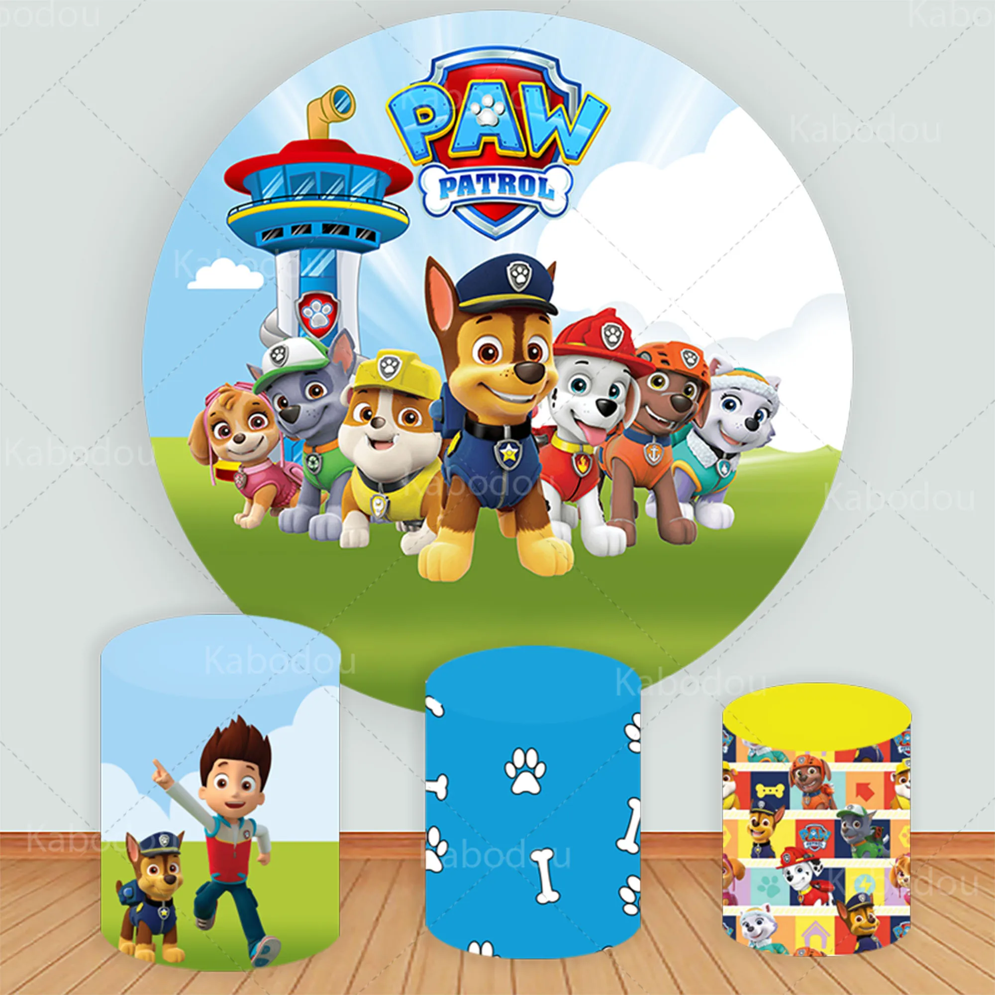 Paw Patrols Round Backdrop Boys Birthday Party Decoration Cartoon Dog Photography Background Poster Cylinder Cover Booth Props