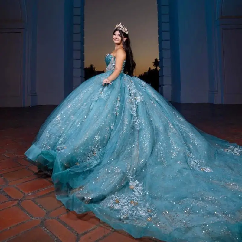 فساتين Quinceanera باللون الأزرق البحري اللامع مزينة بالترتر والخرز كريستال تول مشد حلو 16 فستان Vestidos De 15 Años