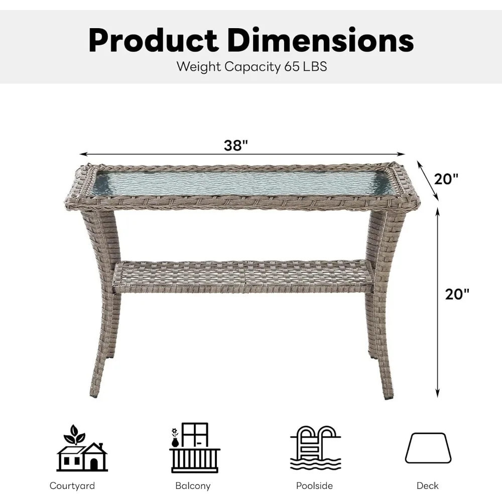 38 Inch Outdoor Coffee Table with 2 Tier Storage - Wicker Coffee Table with Water Ripple Texture Tempered Glass Top, All