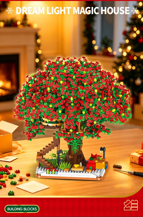 Baumhaus-Baustein-Set, Regenbogen-Sakura, Weihnachten, rote Kirschblüten, 3D-Modell, Mini-Bausteine, Figuren, Spielzeug für die Heimdekoration – Detail 5