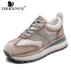 DRKANOL Women Casual Sneakers Mixed Colors Genuine Leather Cow Suede Platform Shoes Ladies Shiny Rhinestone Lace-Up Sneakers