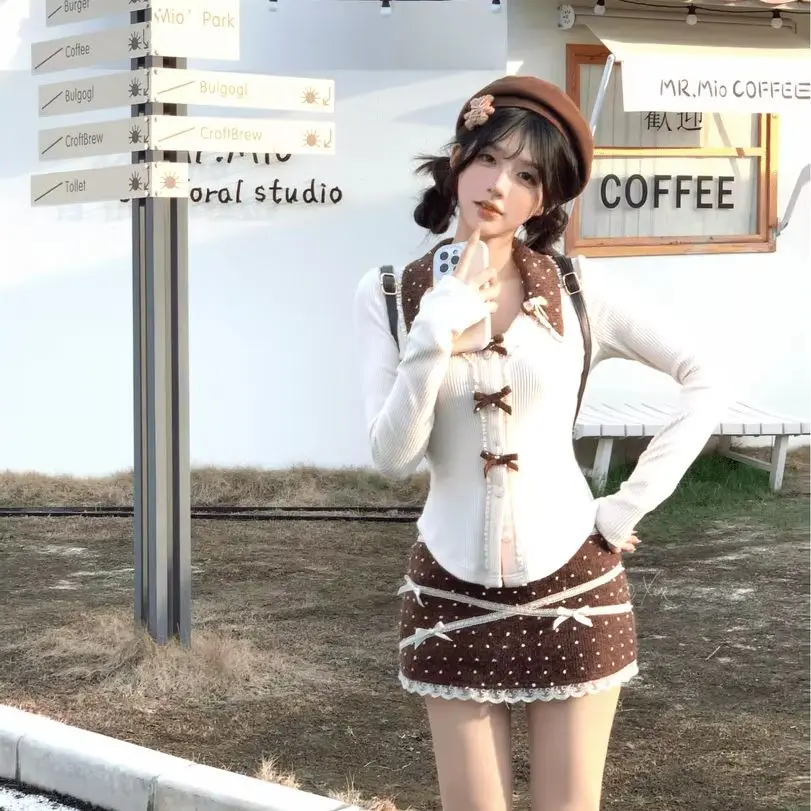 

Korean Two-Piece Bow-Knot Slim Long-Sleeved Top High-Waisted Short Skirt Women'S Autumn Winter Best-Selling Design Suit