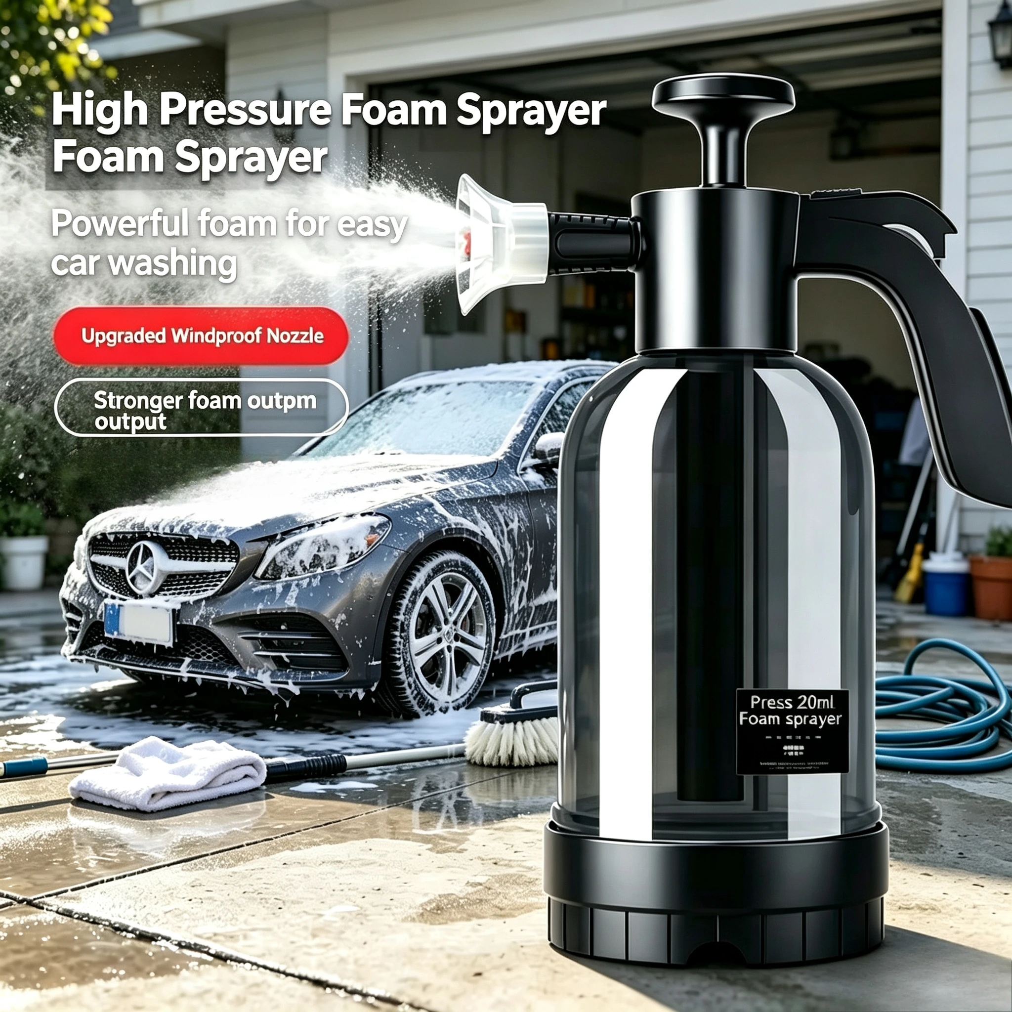 2 Liter Hand Operated Foam Sprayer, Pneumatic Snow Foam Cannon, Multi Nozzle Car Wash Spray Bottle for Vehicle & Glass Cleaning
