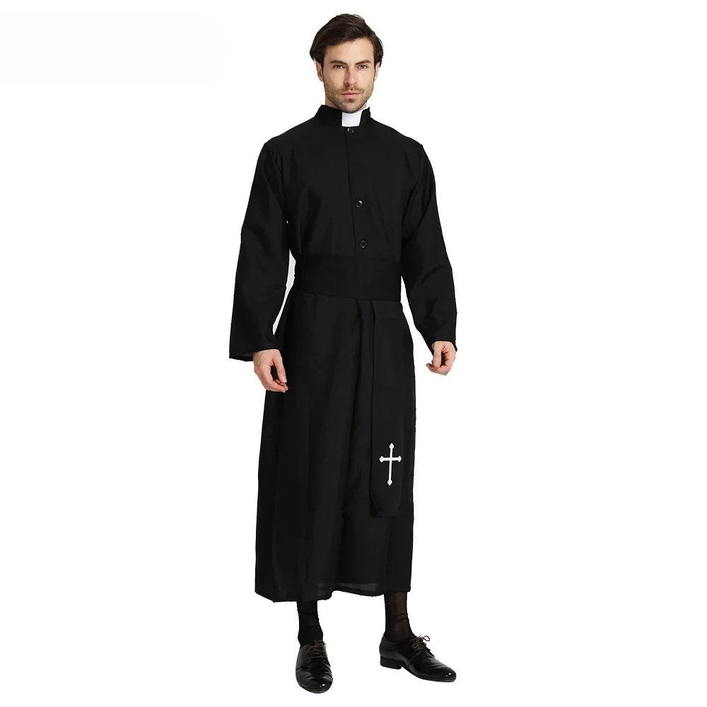 Black Noble Priest Costume Men Religious Pastor Father Costumes Purim Party Mardi Gras Fancy Halloween Cosplay Dress