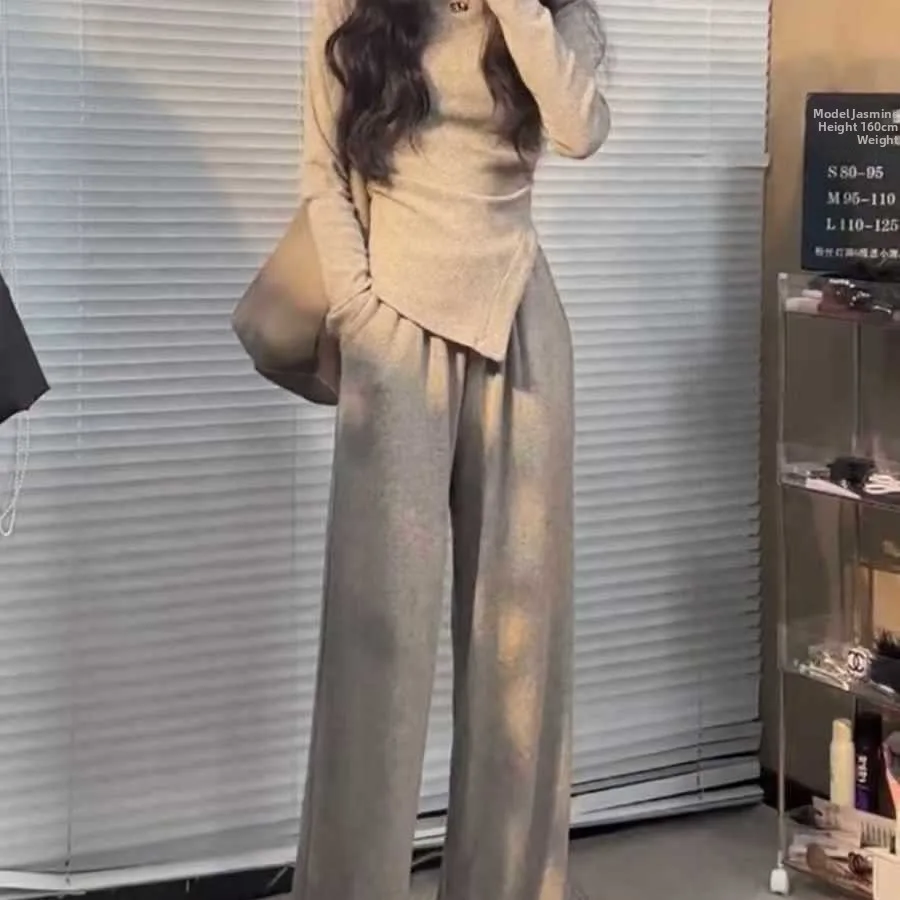 عارضة تنوعا المرأة سليم صالح أعلى قيعان مجموعة عالية الخصر بنطال ذو قصة أرجل واسعة ربيع الخريف المألوف قطعتين الزي #2