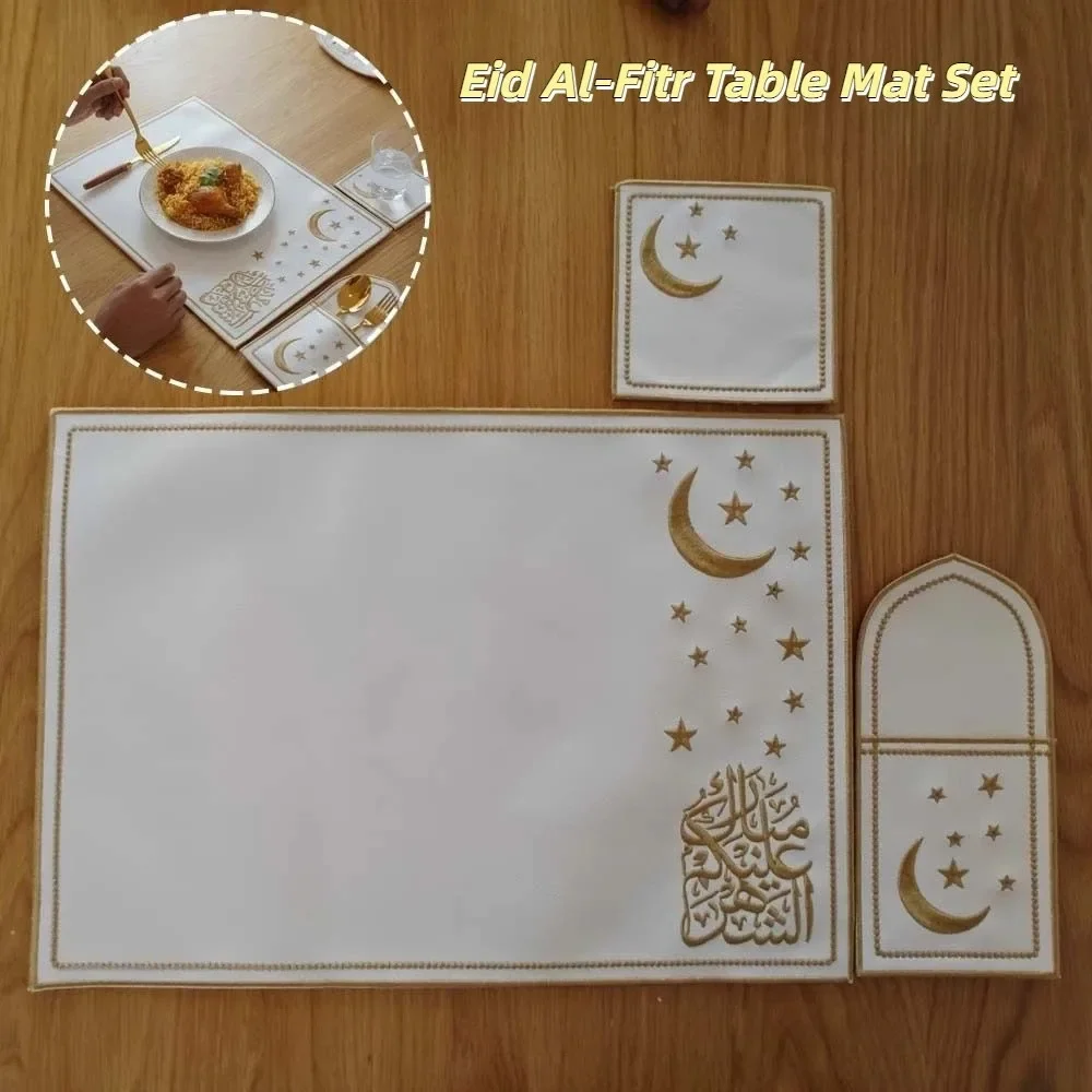 3pcs White Eid Al-Fitr Table Mat Smooth Polyester Embroidered Placemats Absorbent Star Insulation Pads Set Table Decoration